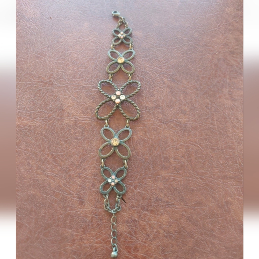 VINTAGE Napier NR Floral Bracelet Antiqued Bronze Four Leaf Clover Jewelry